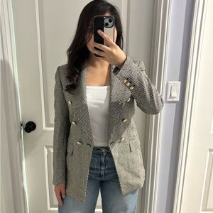 Zara Houndstooth Textured Gold Button Tweed Double Breasted Blazer, Size: XS